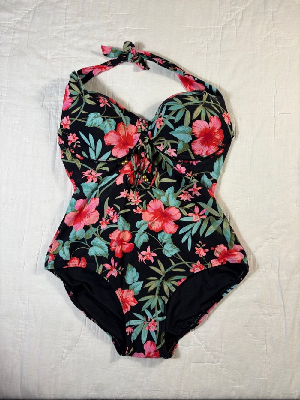 Coco Reef Spiced Tropical Floral Halter Top Tie-Back Underwire Bra 36DD/38DD
